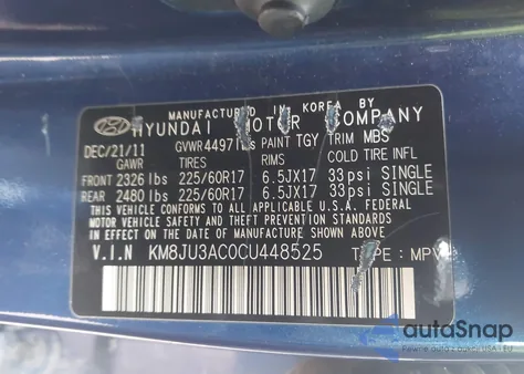 2012 Hyundai Tucson Gls z USA, uszkodzony, nr VIN KM8JU3AC0CU448525